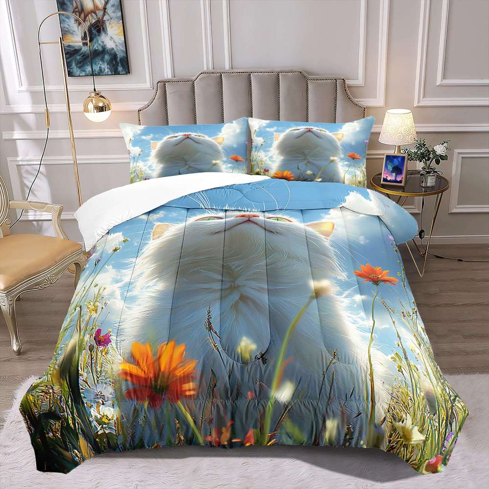 Fluffy Cloud Cat Comforter Set Sky Blue Bedding | CozyLil