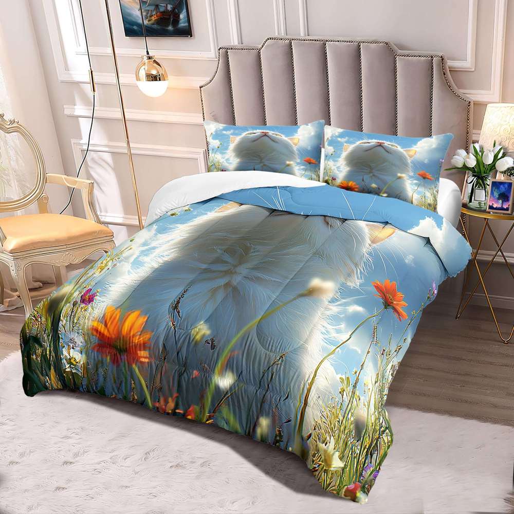 Fluffy Cloud Cat Comforter Set Sky Blue Bedding | CozyLil