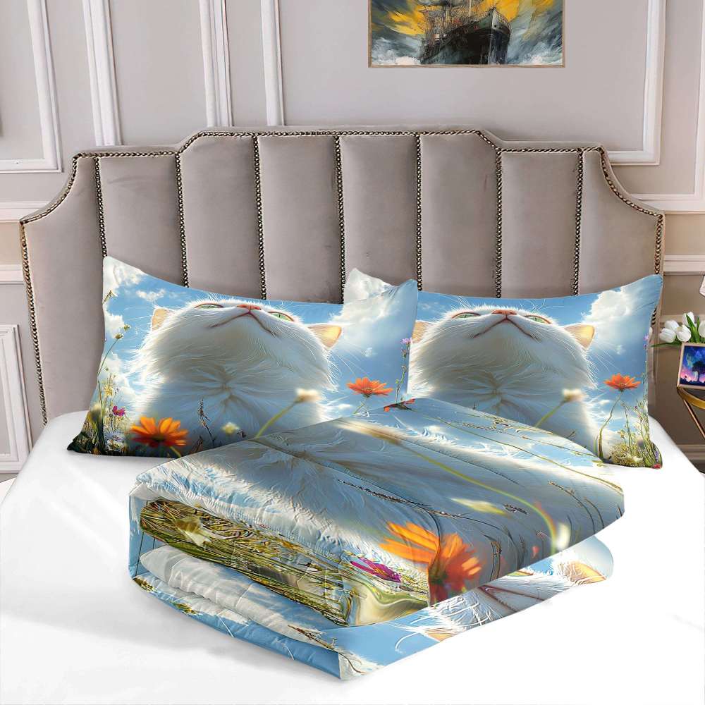 Fluffy Cloud Cat Comforter Set Sky Blue Bedding | CozyLil
