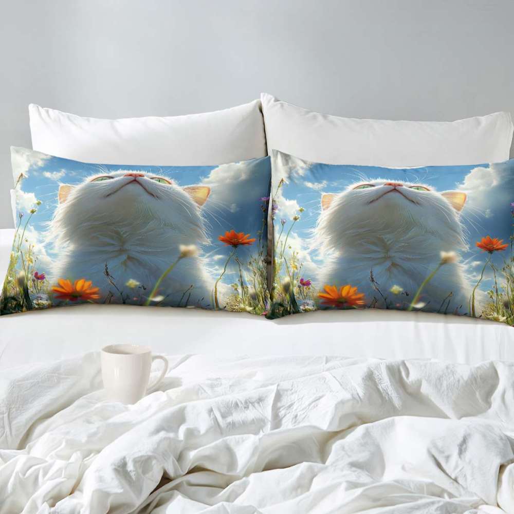 Fluffy Cloud Cat Comforter Set Sky Blue Bedding | CozyLil