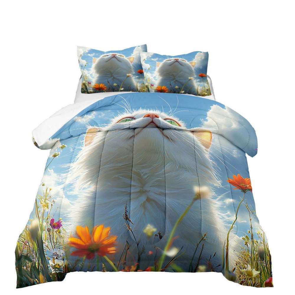 Fluffy Cloud Cat Comforter Set Sky Blue Bedding | CozyLil