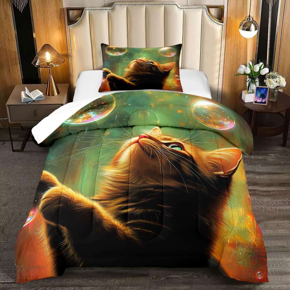 Glowing Bubbles Tabby Cat Comforter Set Kids Decor | CozyLil