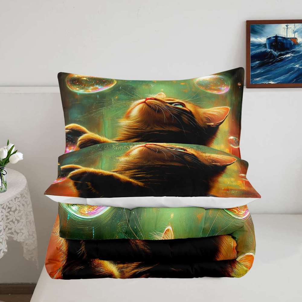 Glowing Bubbles Tabby Cat Comforter Set Kids Decor | CozyLil