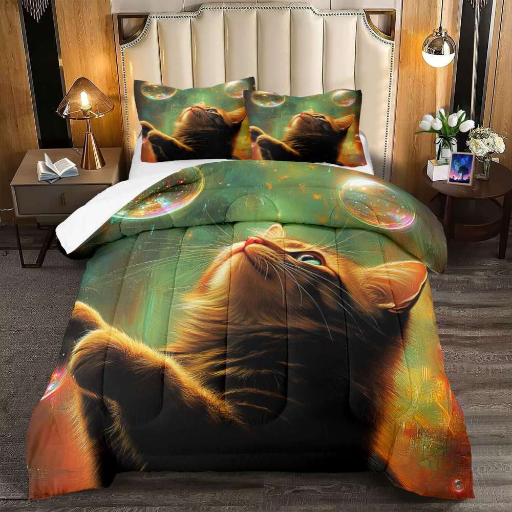 Glowing Bubbles Tabby Cat Comforter Set Kids Decor | CozyLil