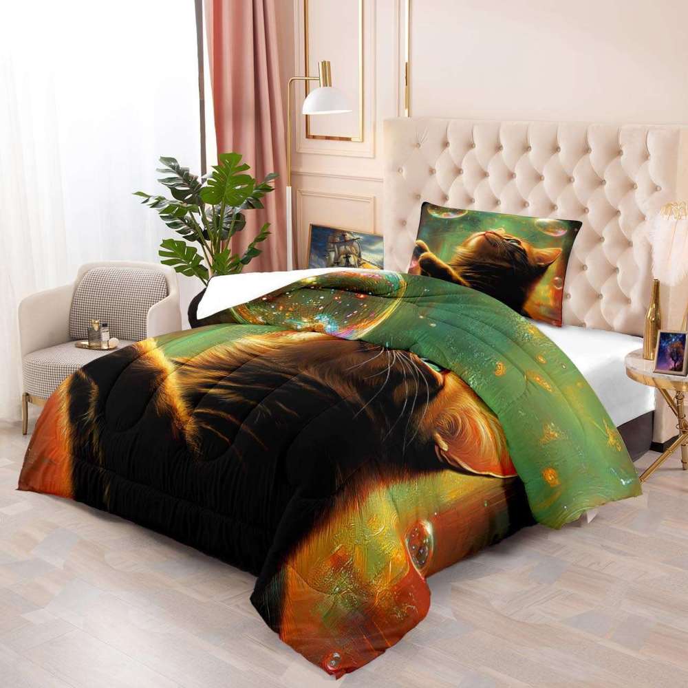 Glowing Bubbles Tabby Cat Comforter Set Kids Decor | CozyLil