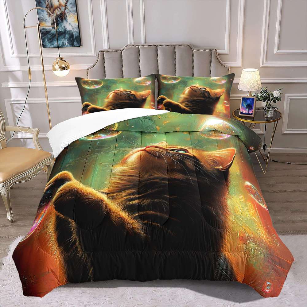 Glowing Bubbles Tabby Cat Comforter Set Kids Decor | CozyLil