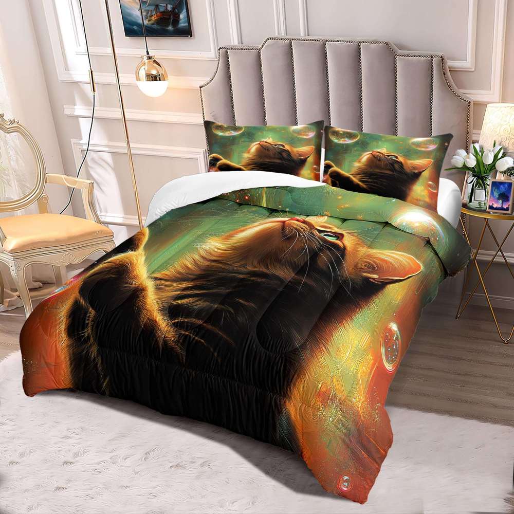 Glowing Bubbles Tabby Cat Comforter Set Kids Decor | CozyLil
