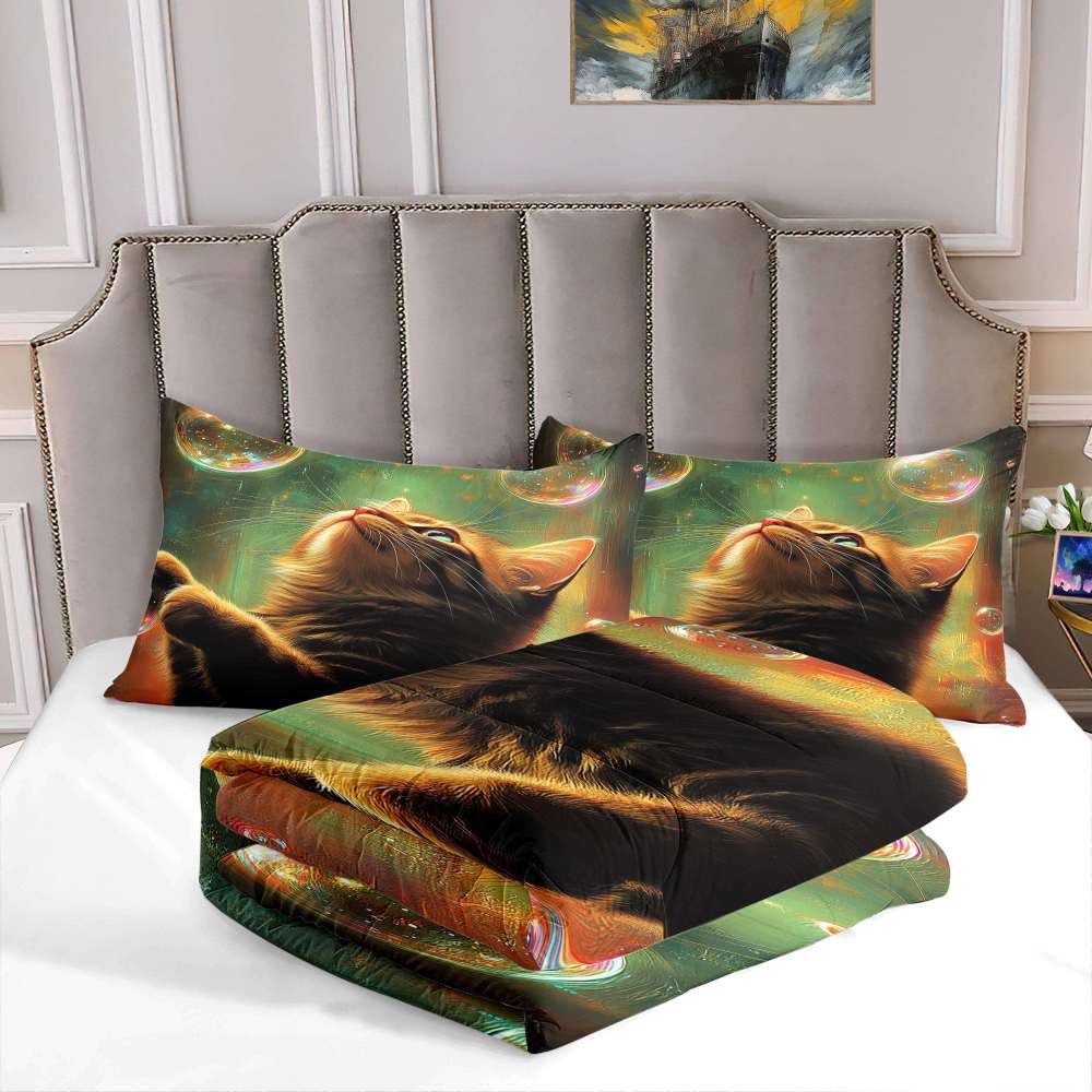 Glowing Bubbles Tabby Cat Comforter Set Kids Decor | CozyLil
