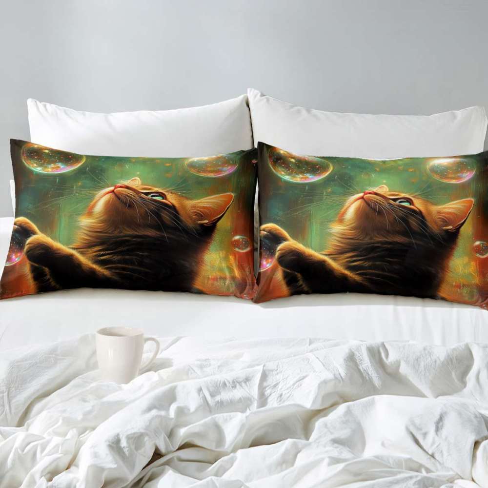 Glowing Bubbles Tabby Cat Comforter Set Kids Decor | CozyLil