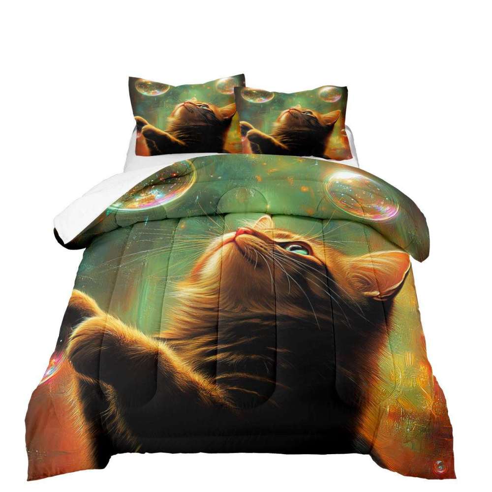 Glowing Bubbles Tabby Cat Comforter Set Kids Decor | CozyLil