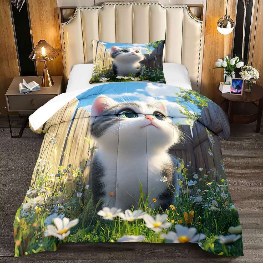 Spring Daisy Kitten Comforter Set Girls Bedding | CozyLil