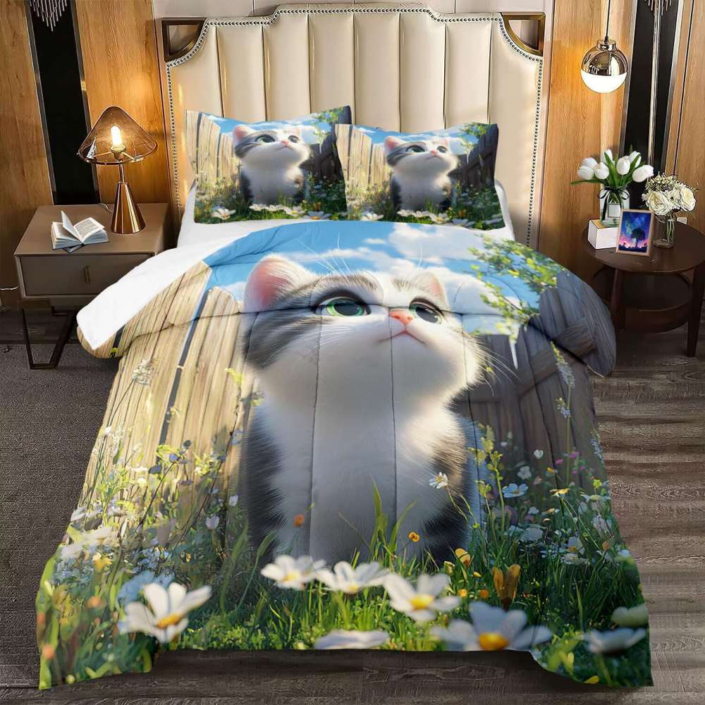 Spring Daisy Kitten Comforter Set Girls Bedding | CozyLil