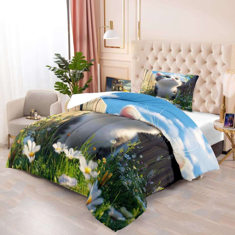 Spring Daisy Kitten Comforter Set Girls Bedding | CozyLil