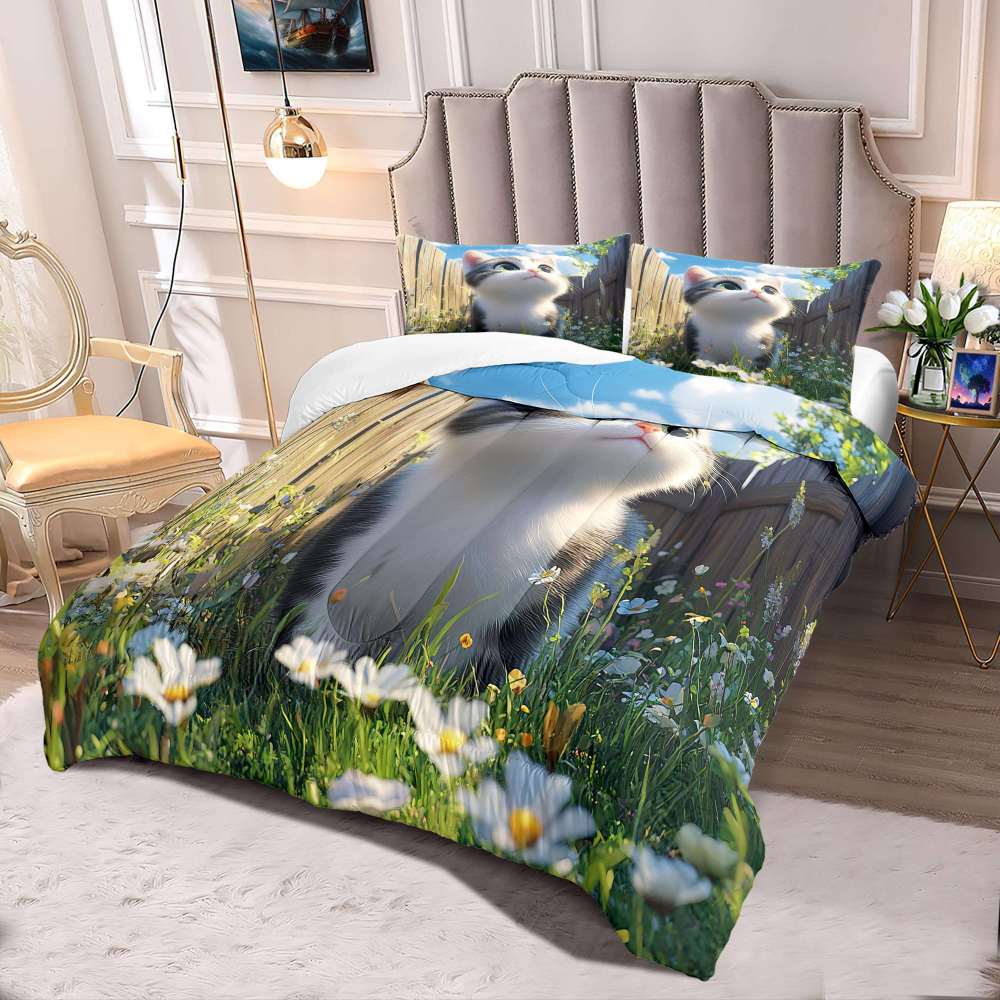 Spring Daisy Kitten Comforter Set Girls Bedding | CozyLil