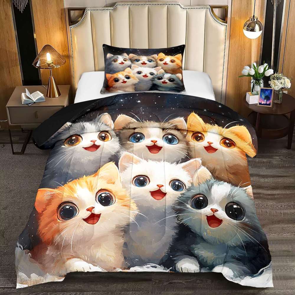 Starry Night Happy Kittens Comforter Set Kids | CozyLil