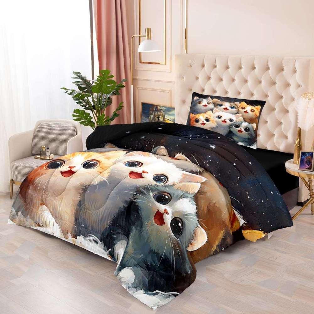Starry Night Happy Kittens Comforter Set Kids | CozyLil