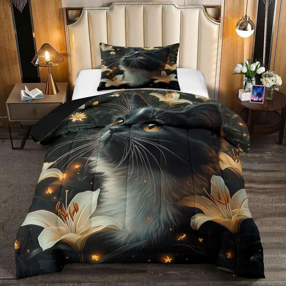 Elegant Black Cat Lily Comforter Set Teen Bedding | CozyLil