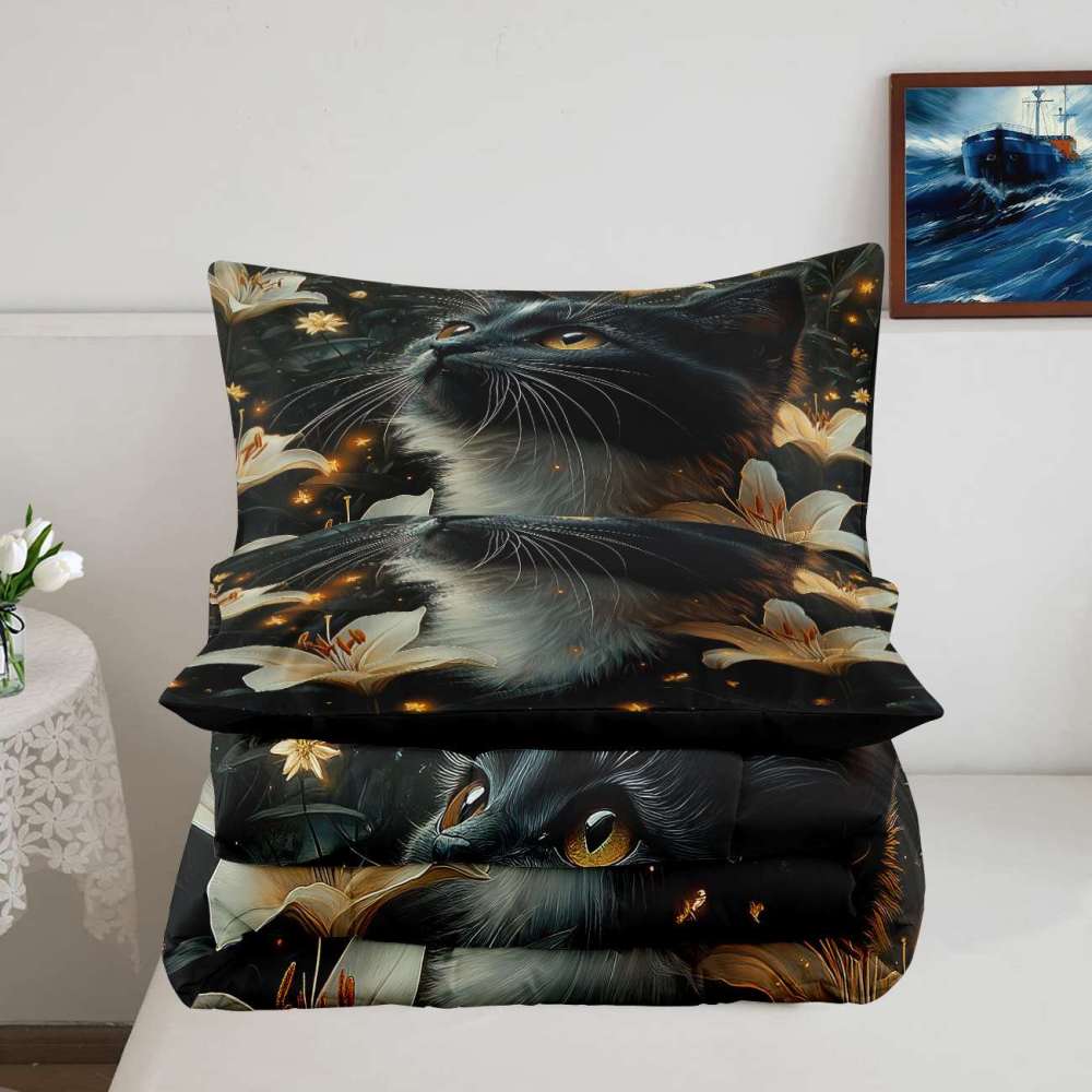Elegant Black Cat Lily Comforter Set Teen Bedding | CozyLil