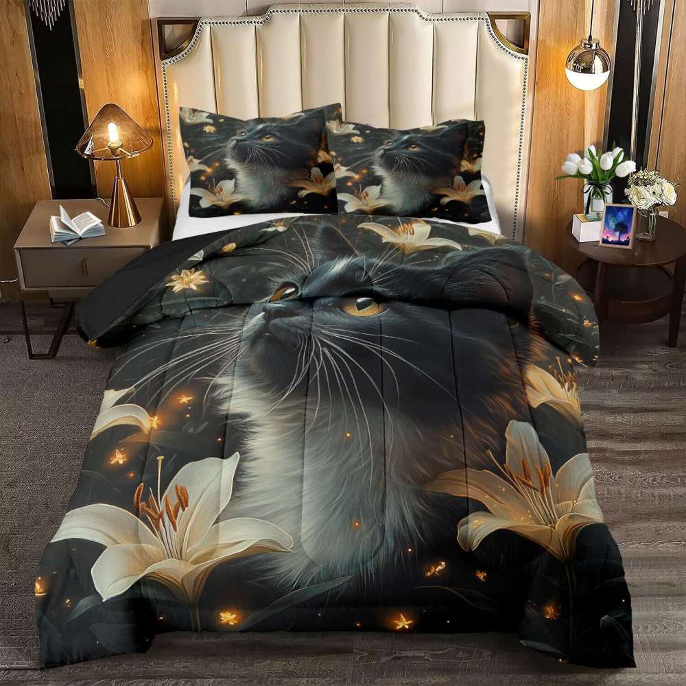 Elegant Black Cat Lily Comforter Set Teen Bedding | CozyLil