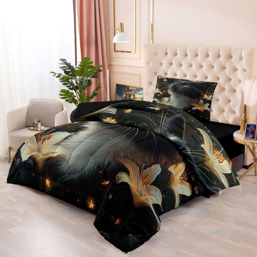 Elegant Black Cat Lily Comforter Set Teen Bedding | CozyLil