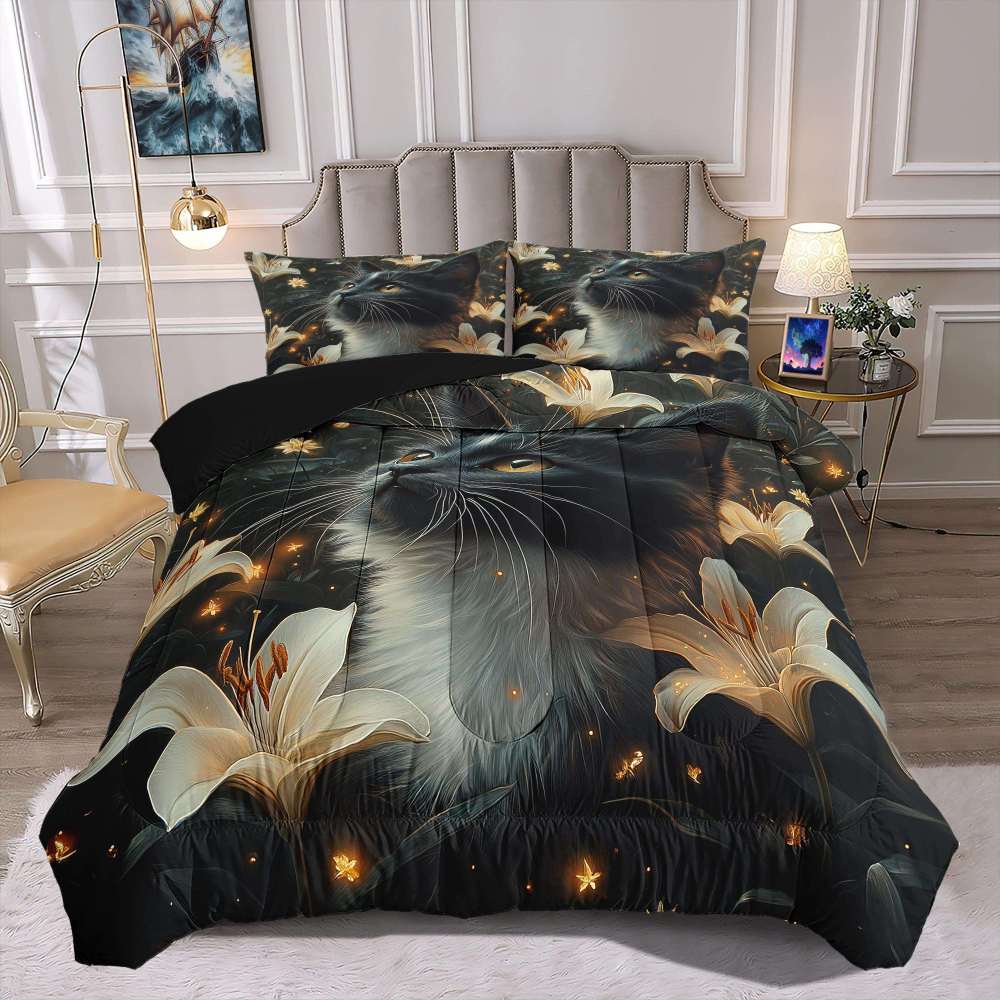 Elegant Black Cat Lily Comforter Set Teen Bedding | CozyLil
