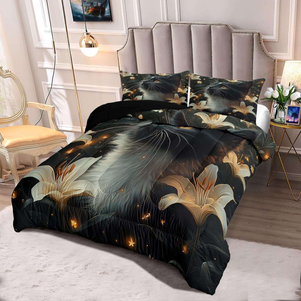 Elegant Black Cat Lily Comforter Set Teen Bedding | CozyLil