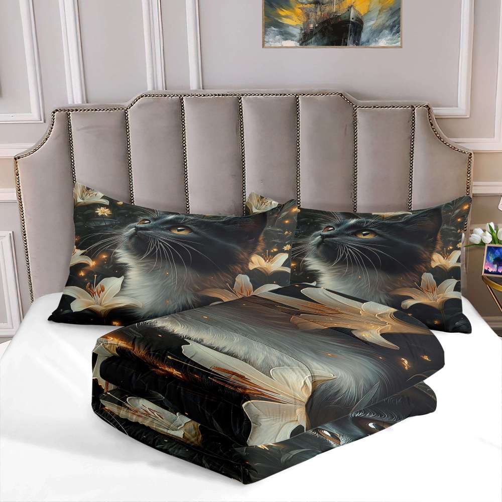 Elegant Black Cat Lily Comforter Set Teen Bedding | CozyLil