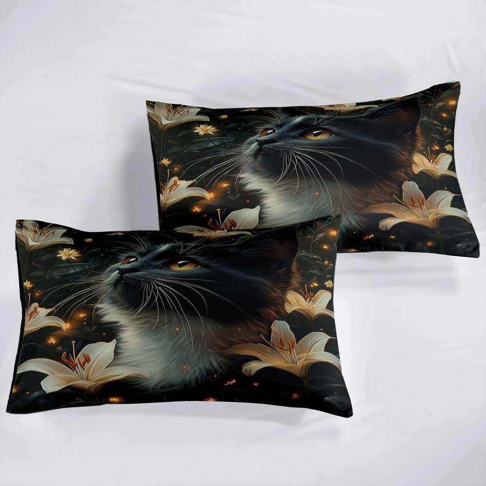 Elegant Black Cat Lily Comforter Set Teen Bedding | CozyLil