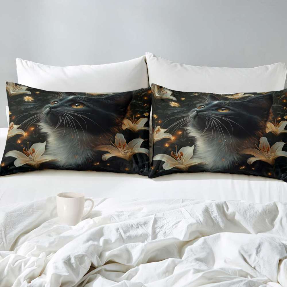 Elegant Black Cat Lily Comforter Set Teen Bedding | CozyLil