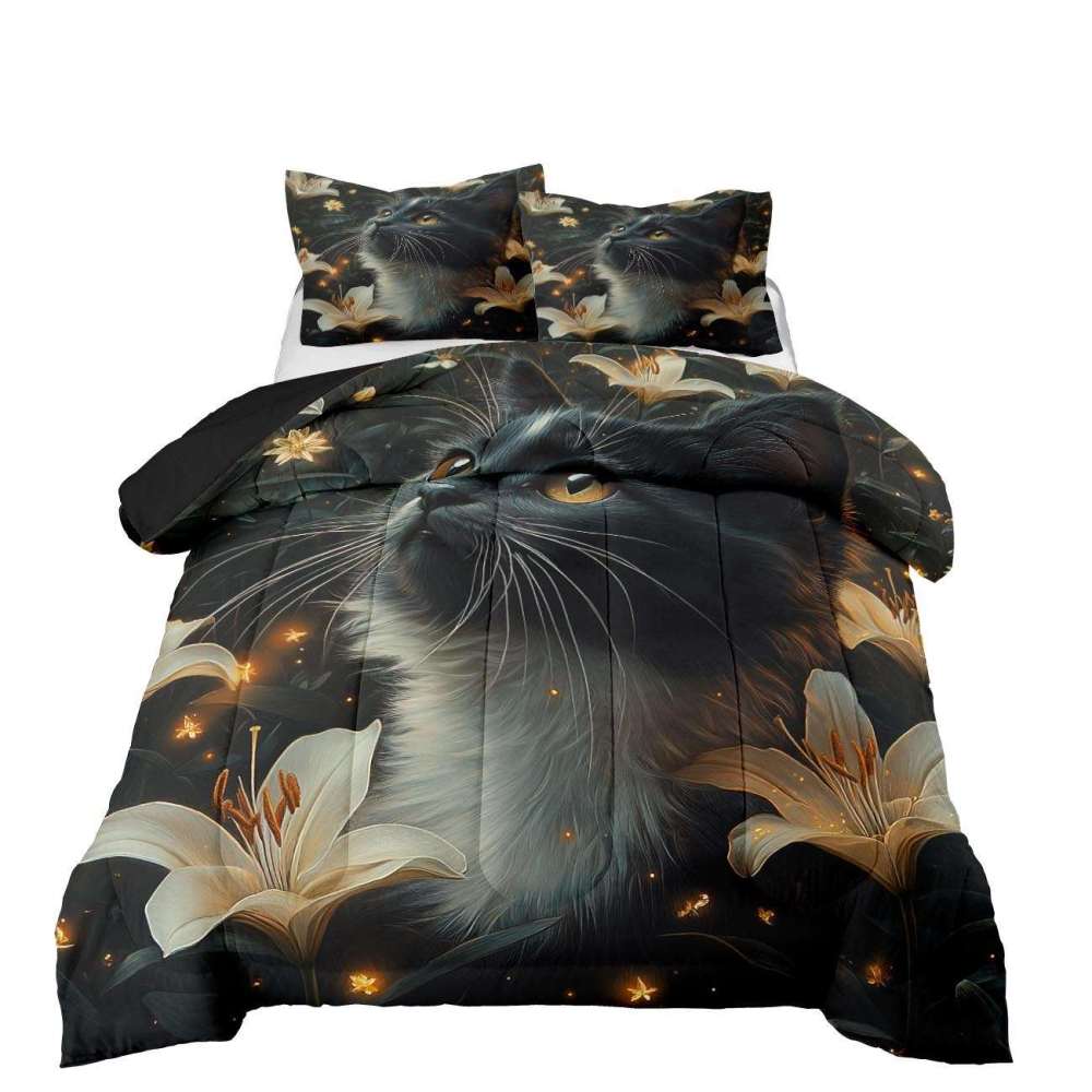 Elegant Black Cat Lily Comforter Set Teen Bedding | CozyLil