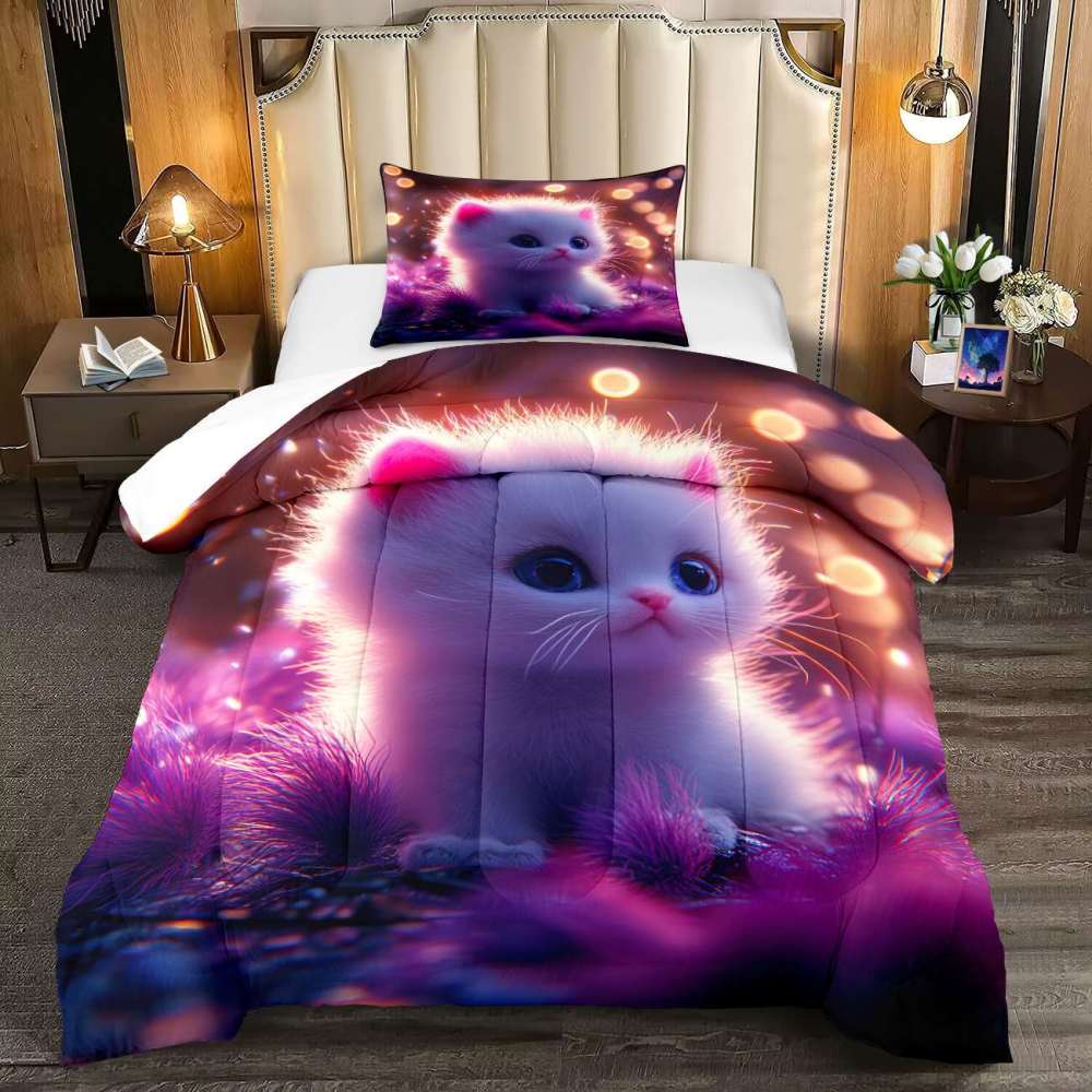 Enchanted Purple Forest Fluffy Kitten Comforter Set Kids Bedding | CozyLil