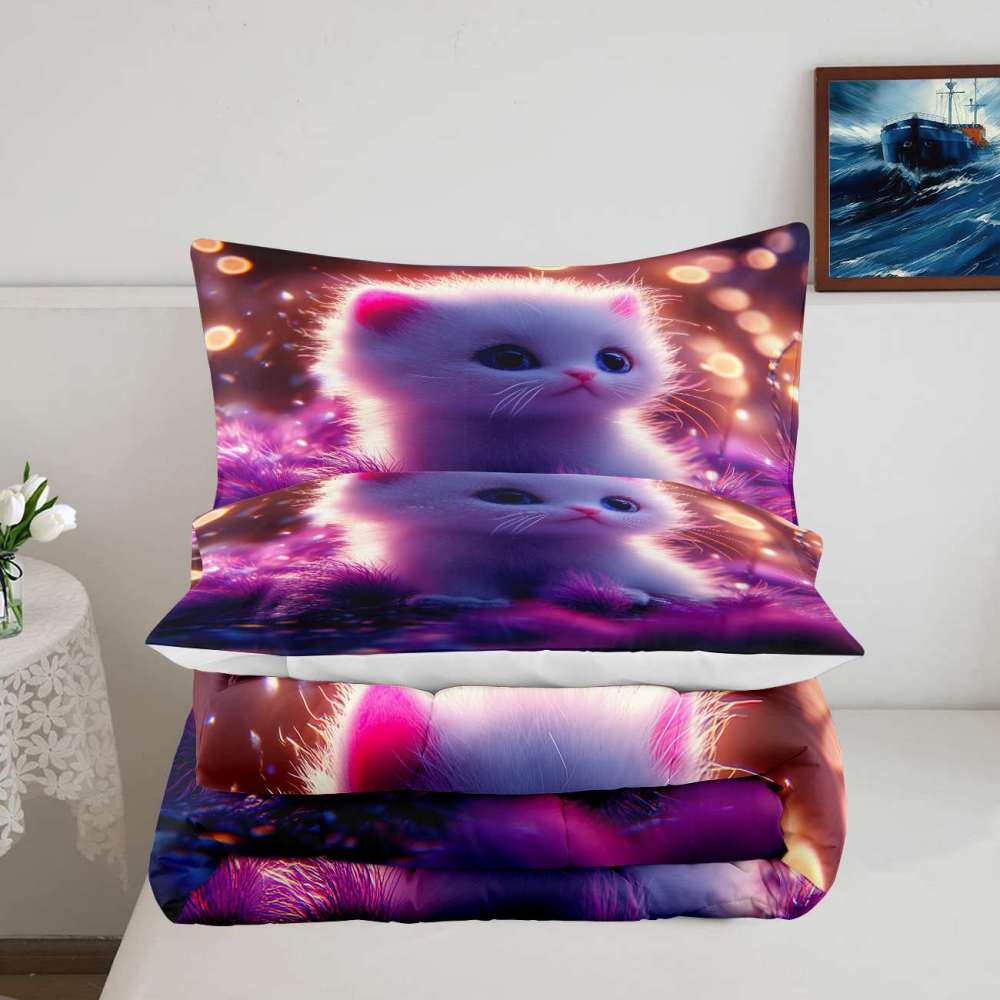 Enchanted Purple Forest Fluffy Kitten Comforter Set Kids Bedding | CozyLil