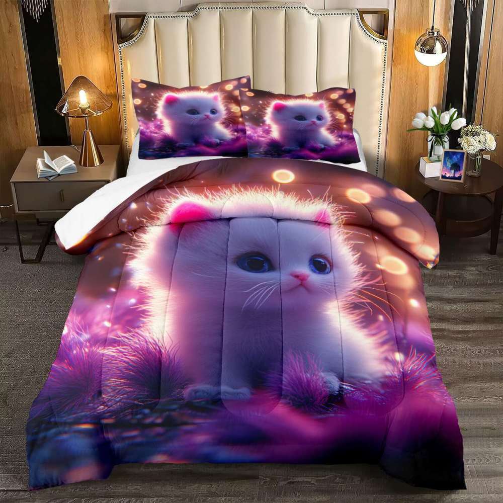Enchanted Purple Forest Fluffy Kitten Comforter Set Kids Bedding | CozyLil