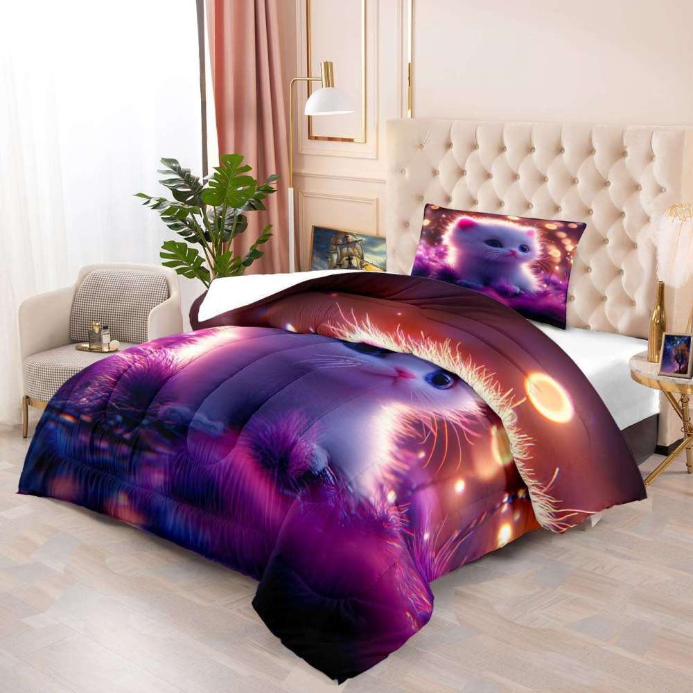 Enchanted Purple Forest Fluffy Kitten Comforter Set Kids Bedding | CozyLil