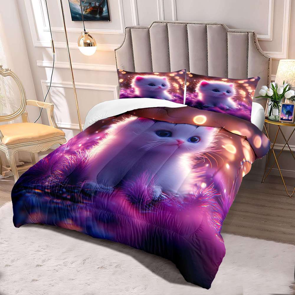 Enchanted Purple Forest Fluffy Kitten Comforter Set Kids Bedding | CozyLil