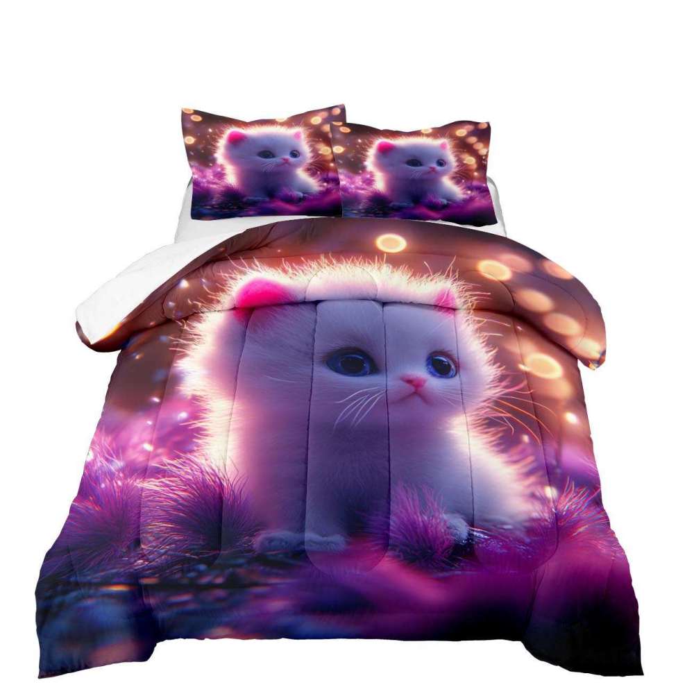 Enchanted Purple Forest Fluffy Kitten Comforter Set Kids Bedding | CozyLil