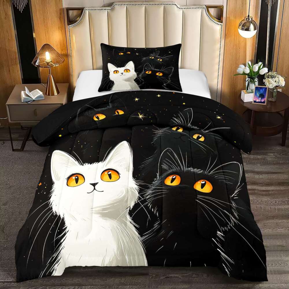 Starry Night Black and White Cats Comforter Set Boys Bedding | CozyLil