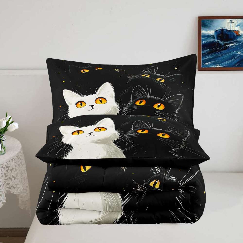Starry Night Black and White Cats Comforter Set Boys Bedding | CozyLil