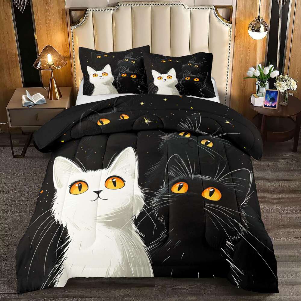 Starry Night Black and White Cats Comforter Set Boys Bedding | CozyLil