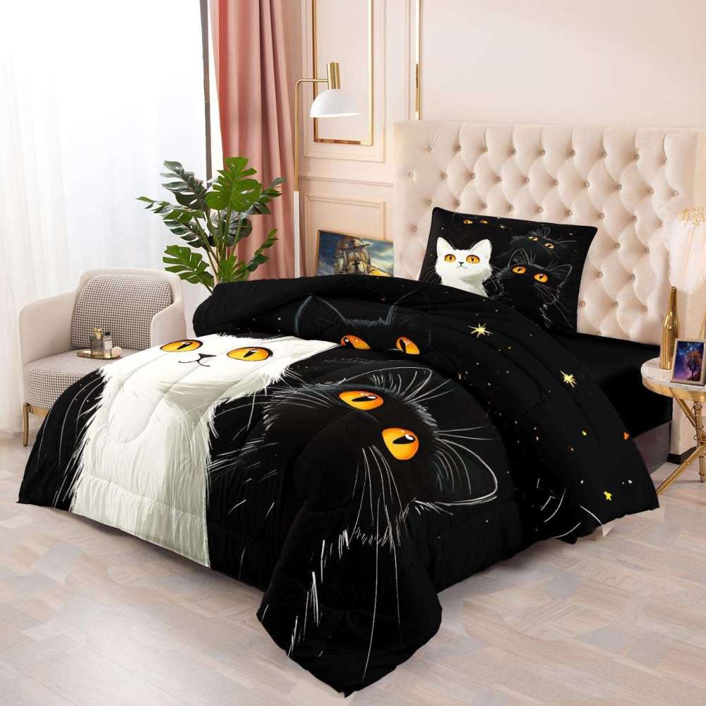 Starry Night Black and White Cats Comforter Set Boys Bedding | CozyLil