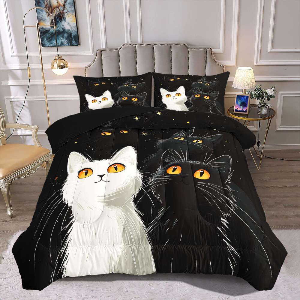 Starry Night Black and White Cats Comforter Set Boys Bedding | CozyLil