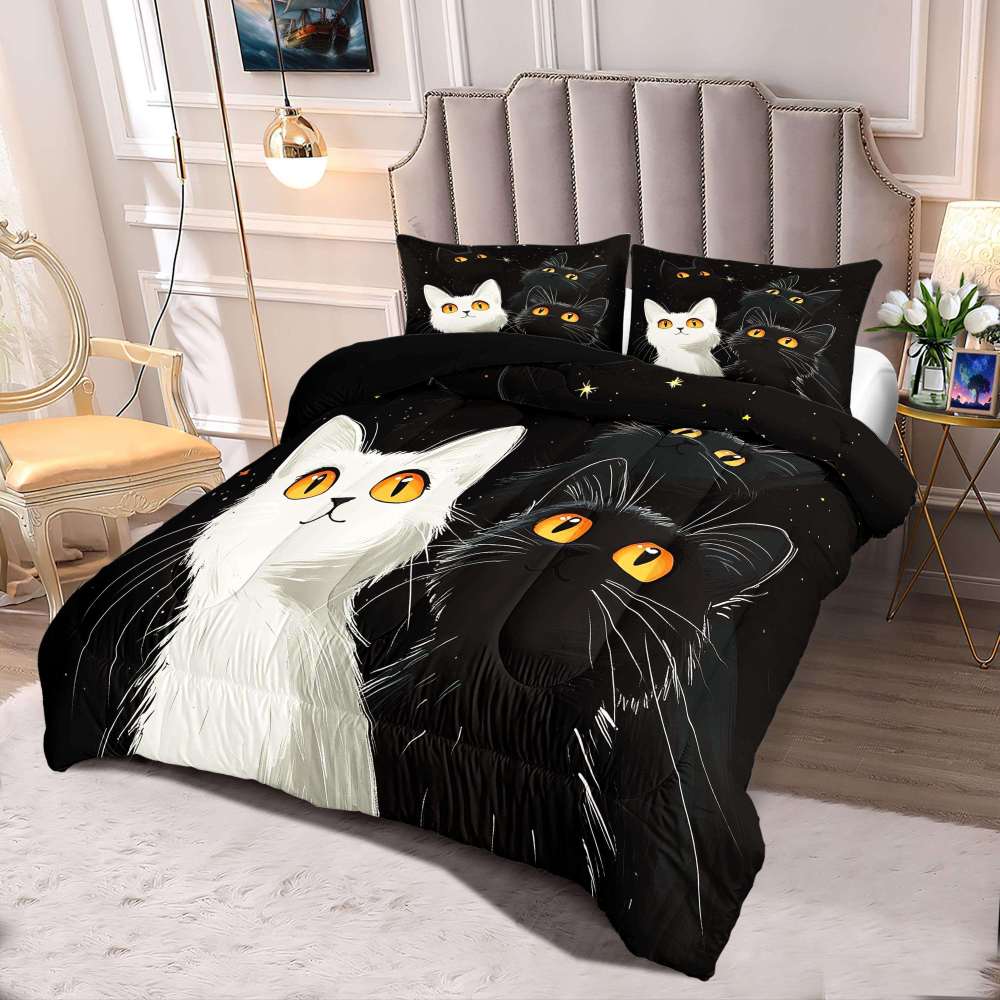 Starry Night Black and White Cats Comforter Set Boys Bedding | CozyLil