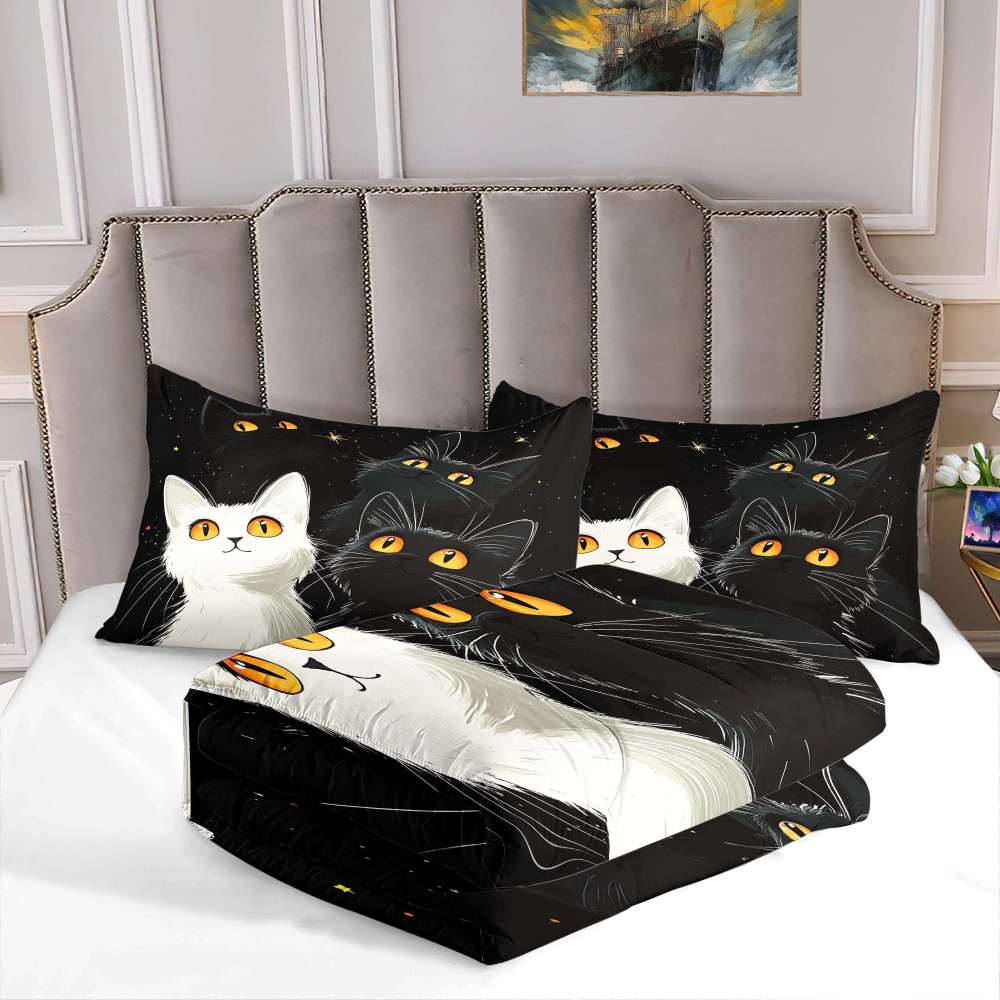 Starry Night Black and White Cats Comforter Set Boys Bedding | CozyLil