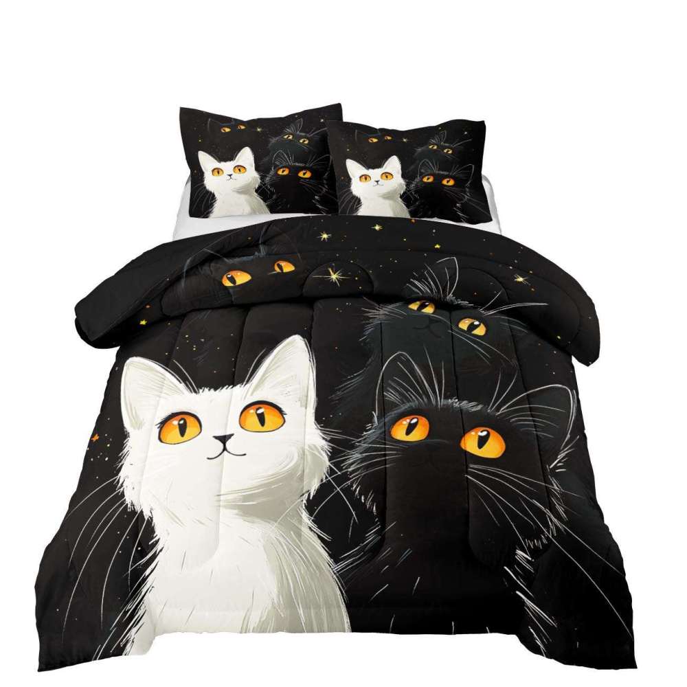 Starry Night Black and White Cats Comforter Set Boys Bedding | CozyLil