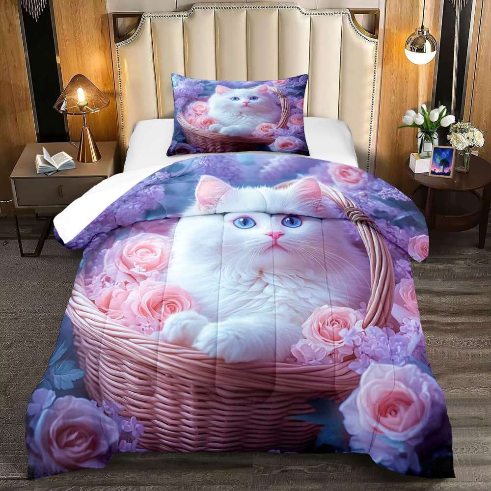 Pink Floral Basket Kitten Comforter Set Girls Room Decor | CozyLil