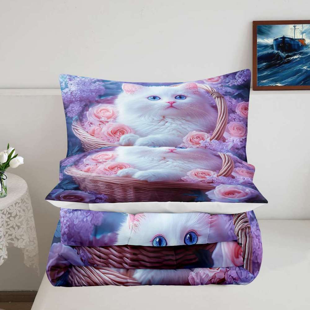 Pink Floral Basket Kitten Comforter Set Girls Room Decor | CozyLil