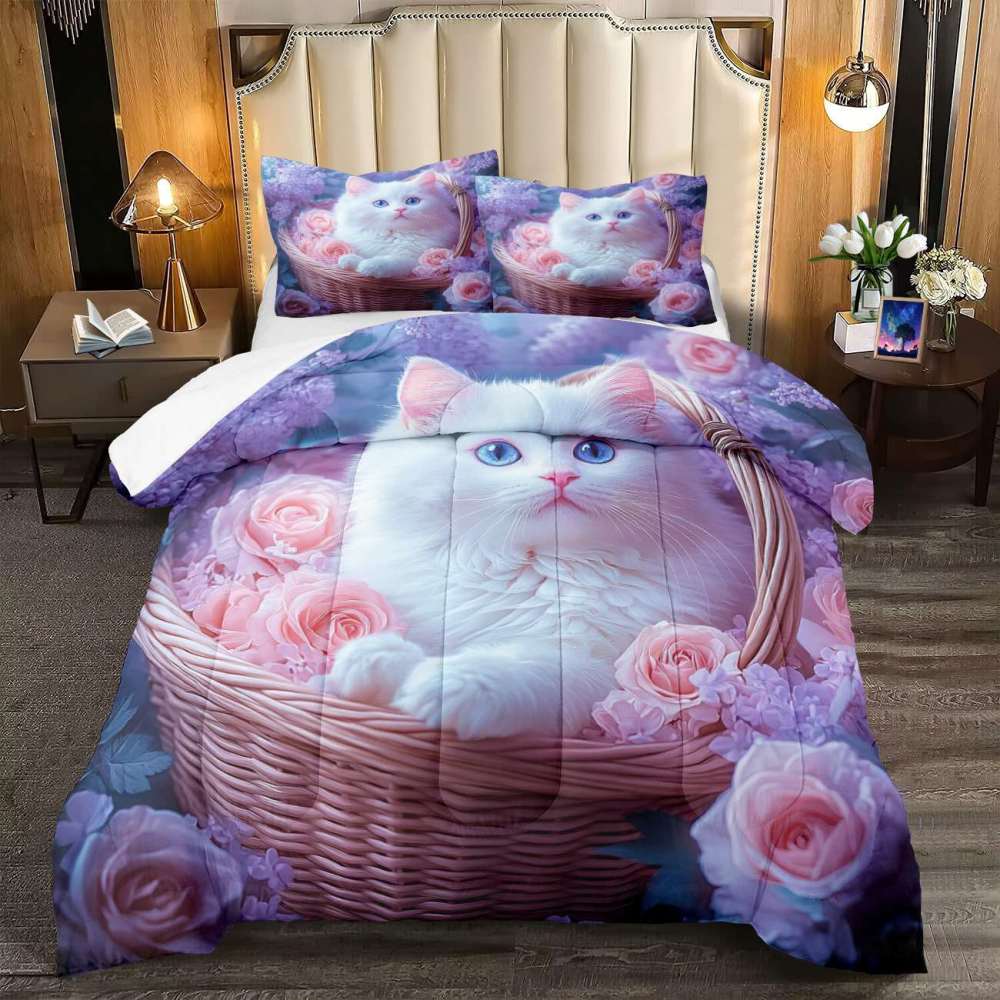 Pink Floral Basket Kitten Comforter Set Girls Room Decor | CozyLil