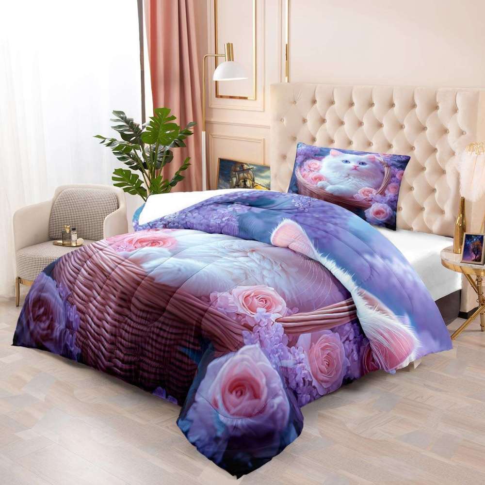 Pink Floral Basket Kitten Comforter Set Girls Room Decor | CozyLil