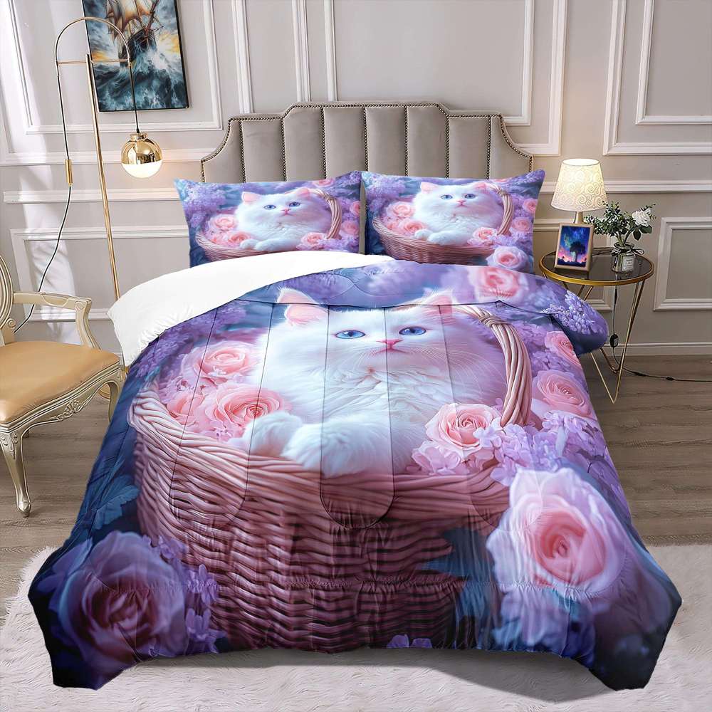 Pink Floral Basket Kitten Comforter Set Girls Room Decor | CozyLil