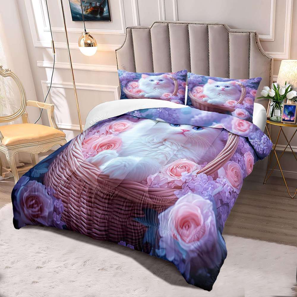 Pink Floral Basket Kitten Comforter Set Girls Room Decor | CozyLil